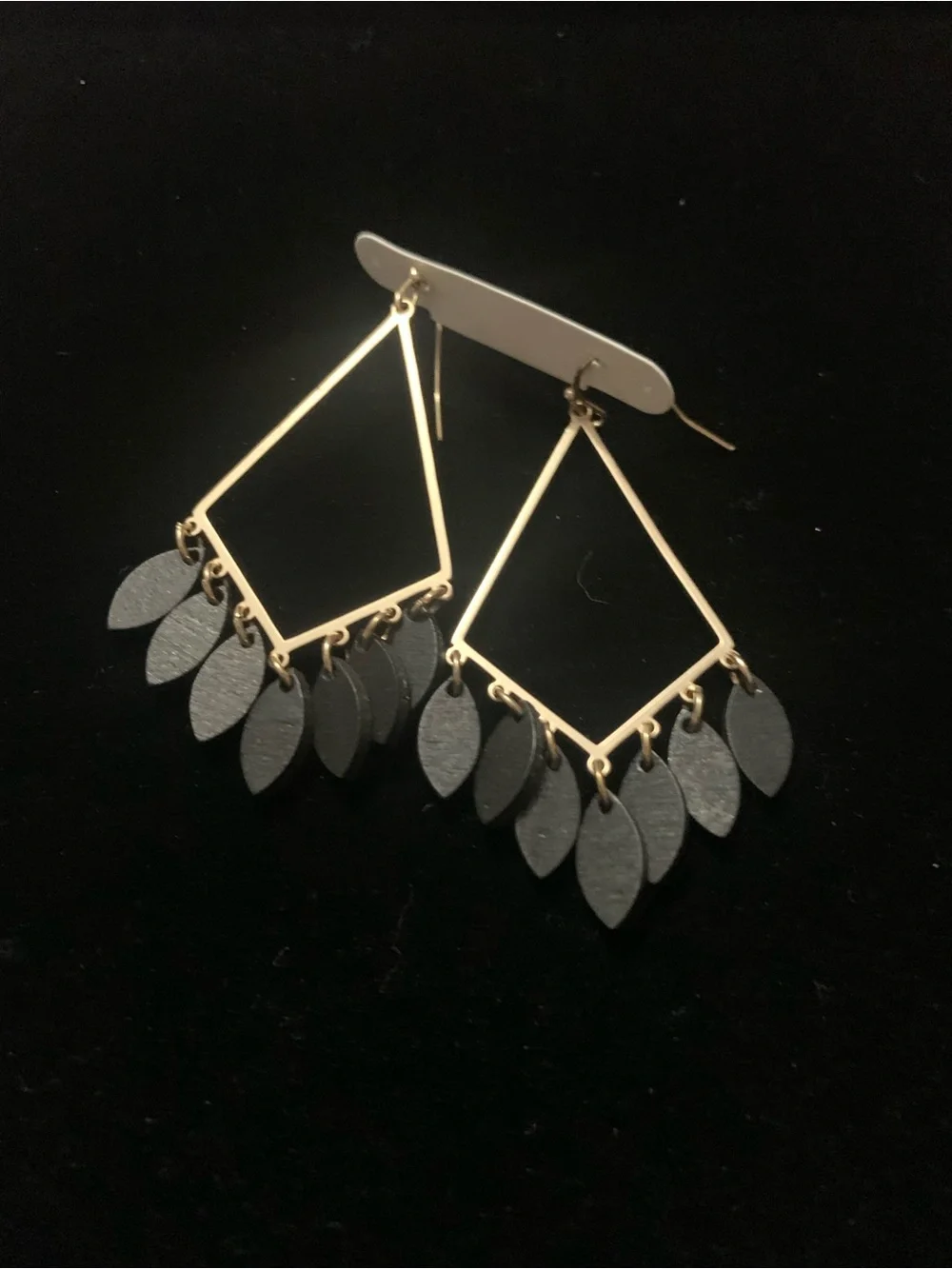 Gold Geometric Dangle Earrings with Black Leaf Charms